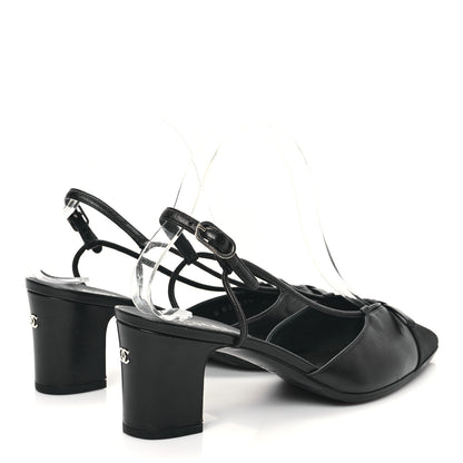 Chanel Lambskin Satin Slingback Cap Toe Bow Pumps 38.5 Black 5 of 9