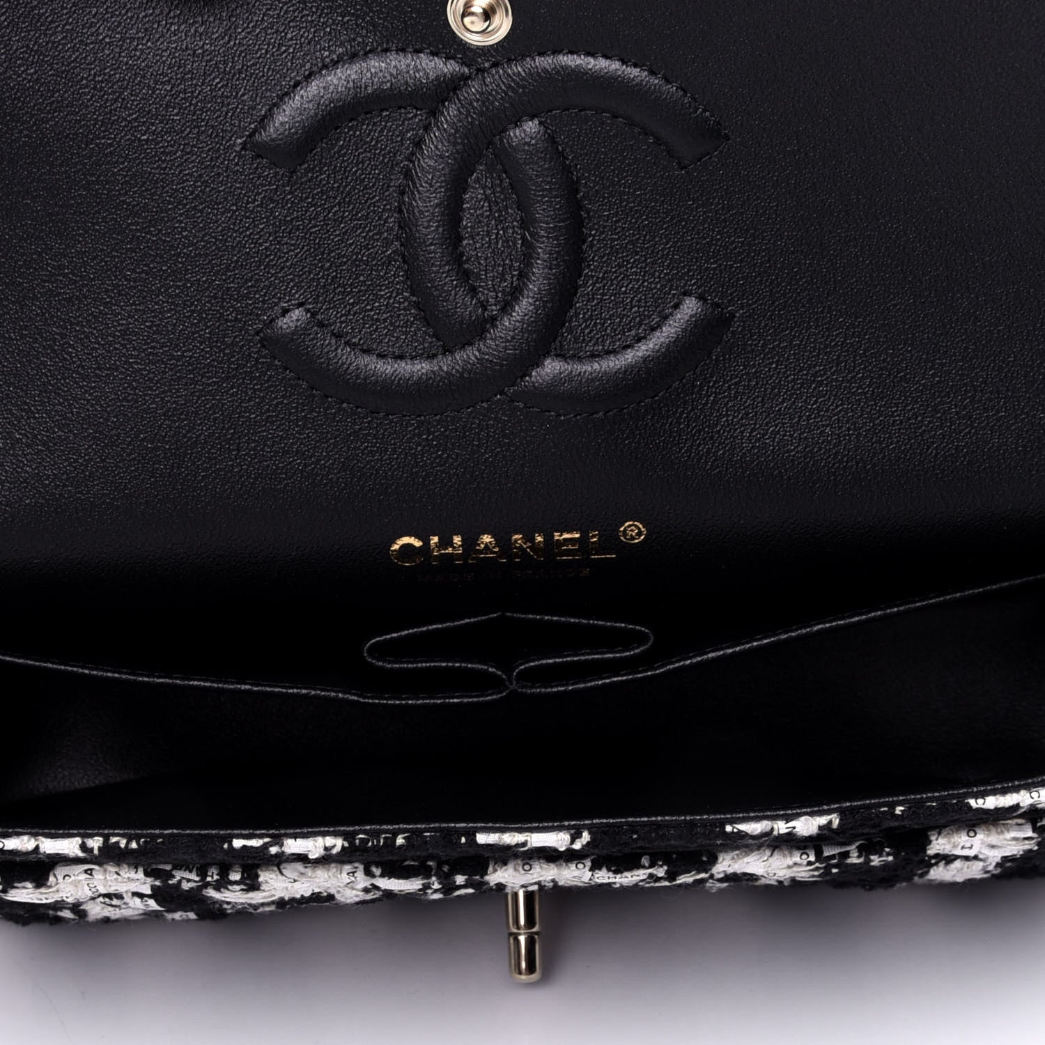 Chanel Tweed Quilted Medium Double Flap Black Ecru White 4 of 4