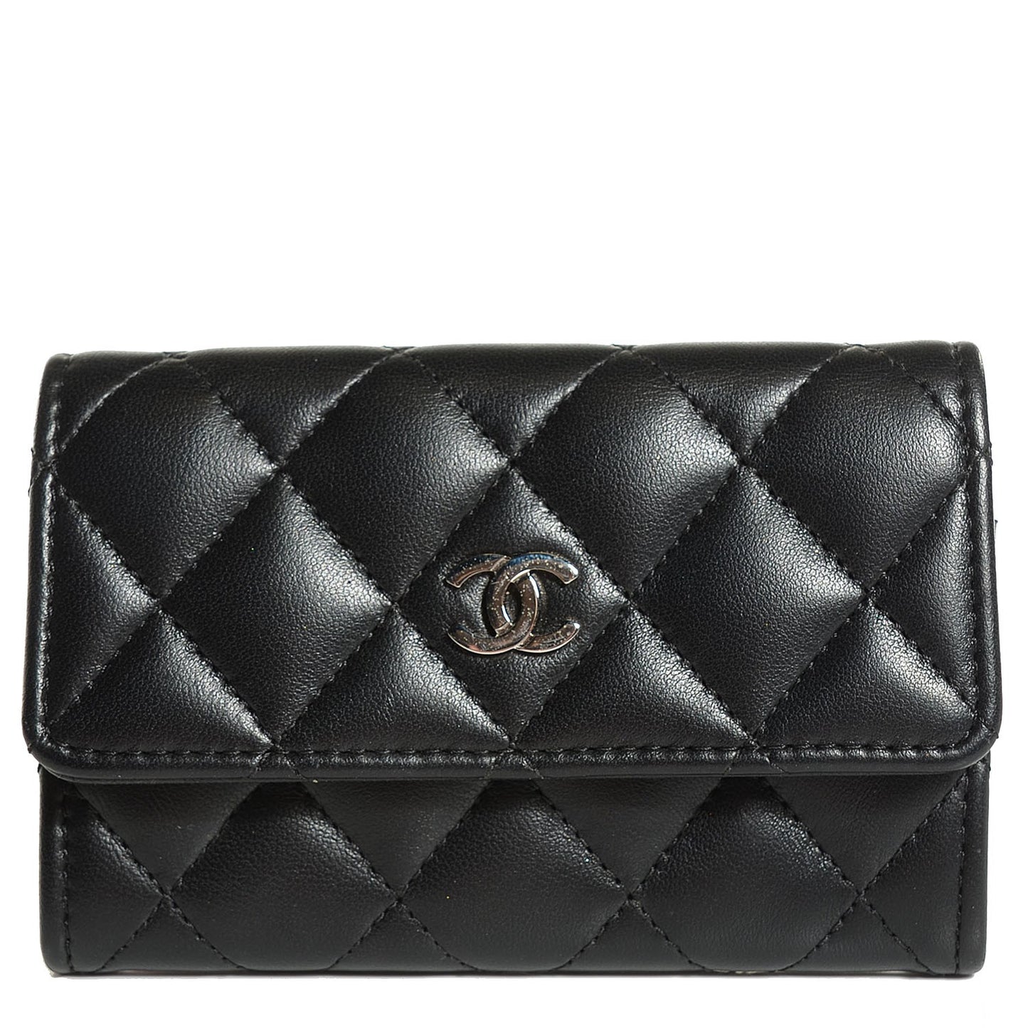 Lambskin Quilted Flap Card Holder Black