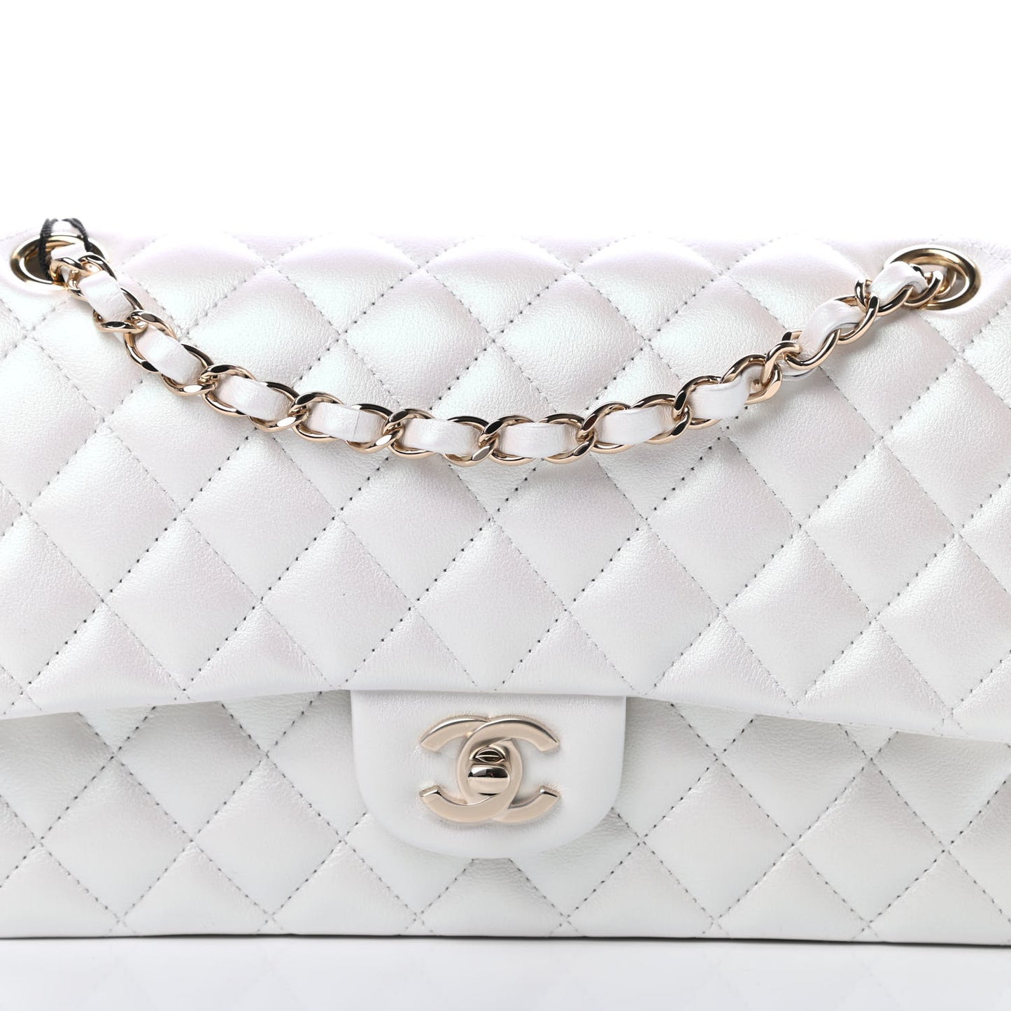 Iridescent Calfskin Quilted Medium Double Flap White