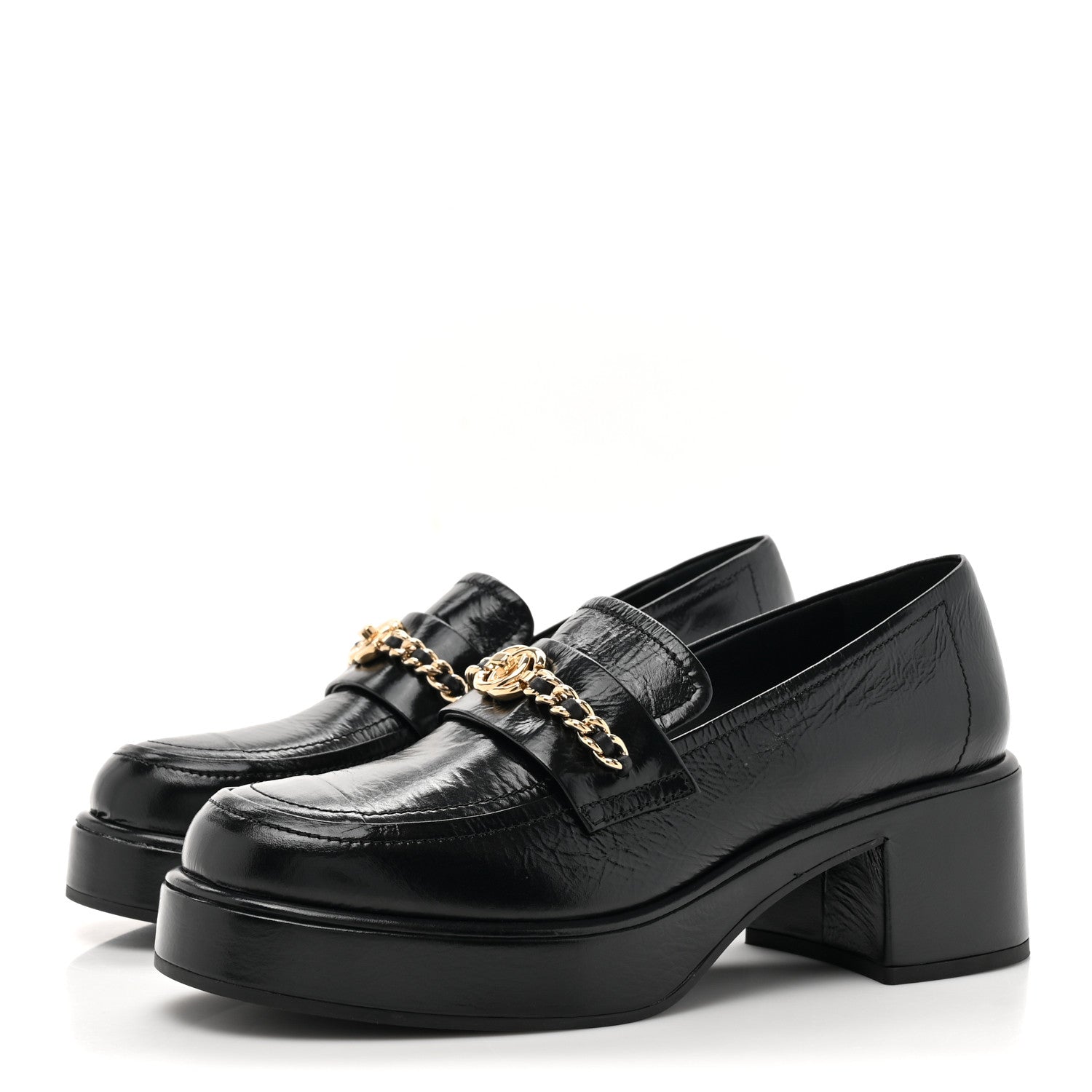 Chanel Shiny Calfskin Logo Loafers 38 Black 3 of 9