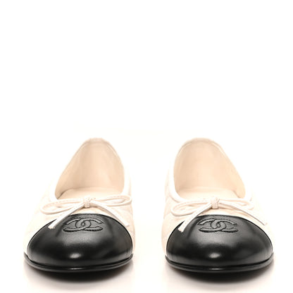 Chanel Lambskin Quilted CC Cap Toe Ballerina Flats 37.5 White Black 3 of 10