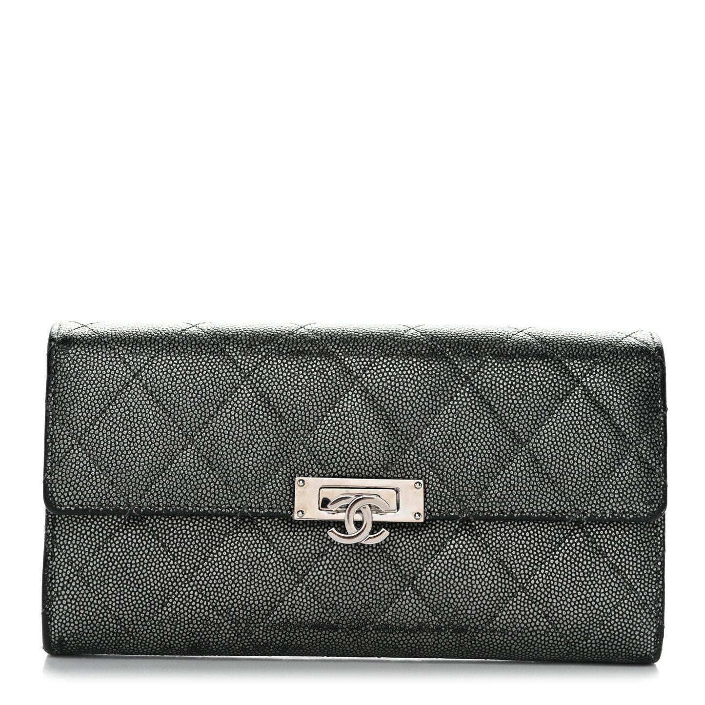 Metallic Caviar Quilted Large Golden Class Gusset Flap Wallet Dark Grey