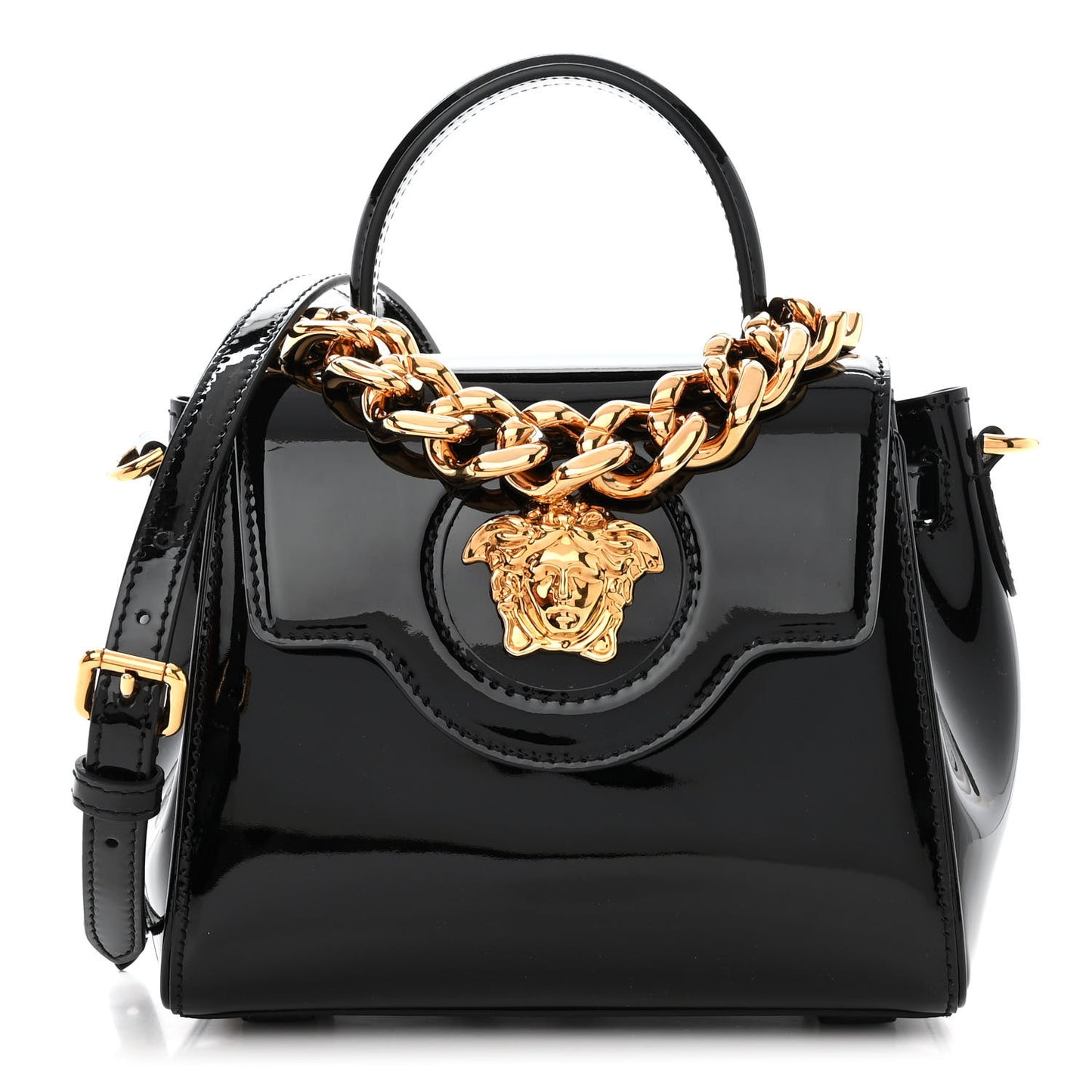 Patent Calfskin Small La Medusa Top Handle Bag Black