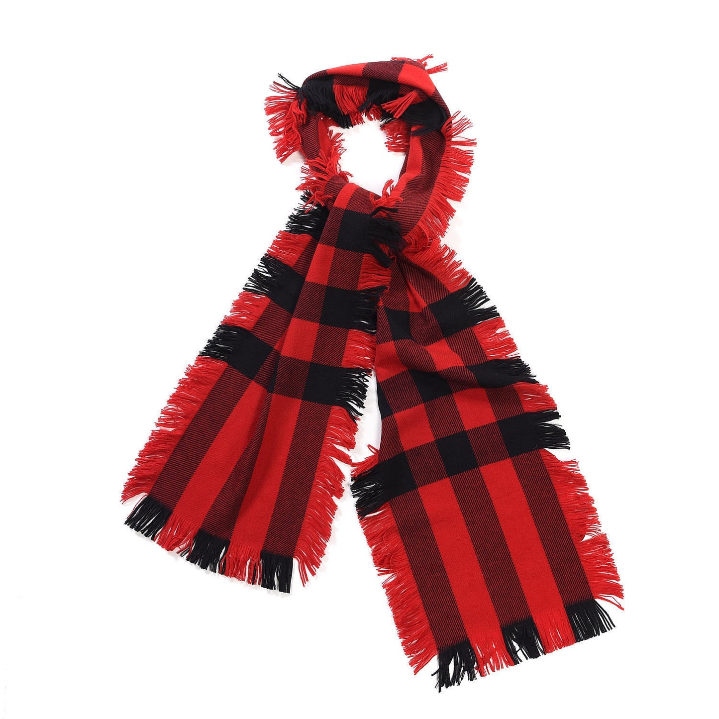 Wool Half Mega Check Fringe Scarf Red