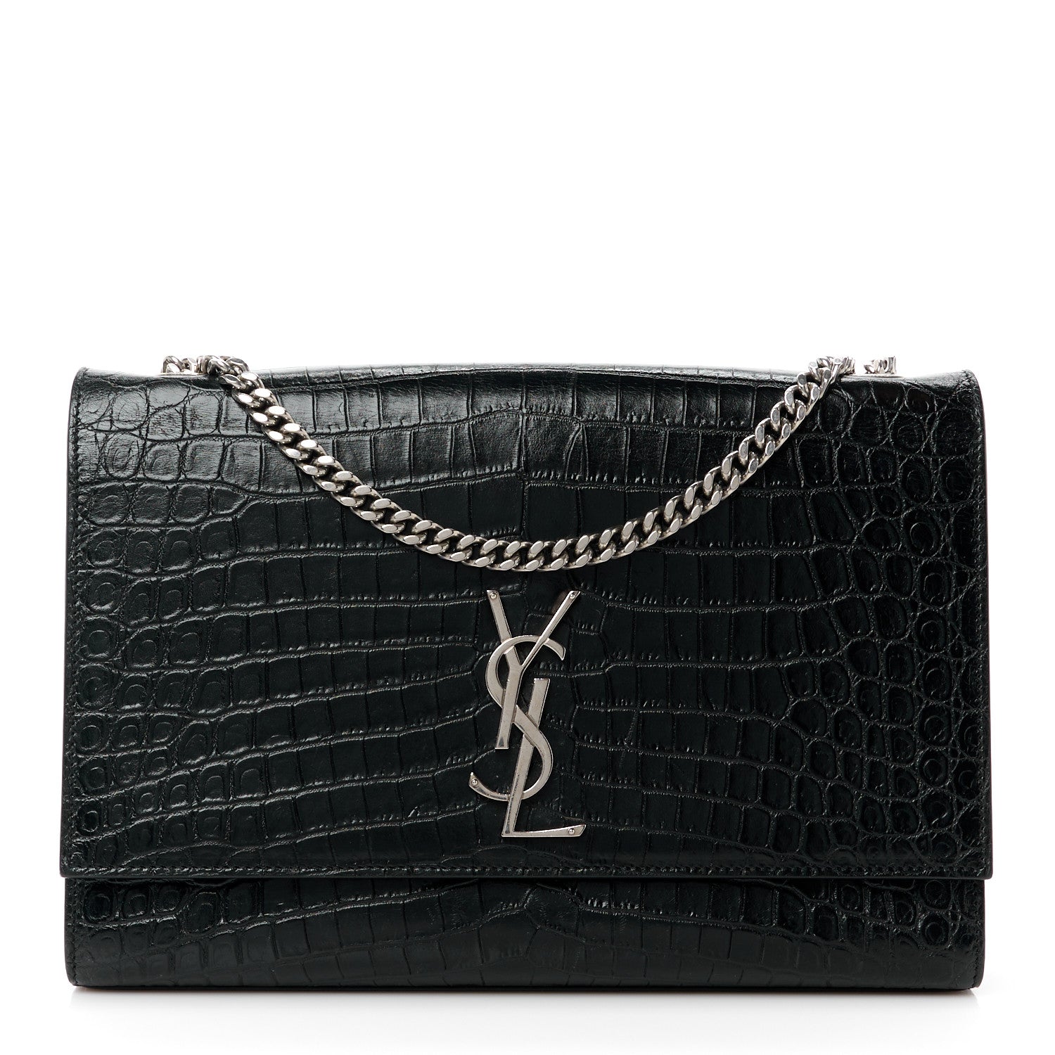 Saint Laurent Calfskin Crocodile Embossed Large Classic Monogram Kate Satchel Black 1 of 16