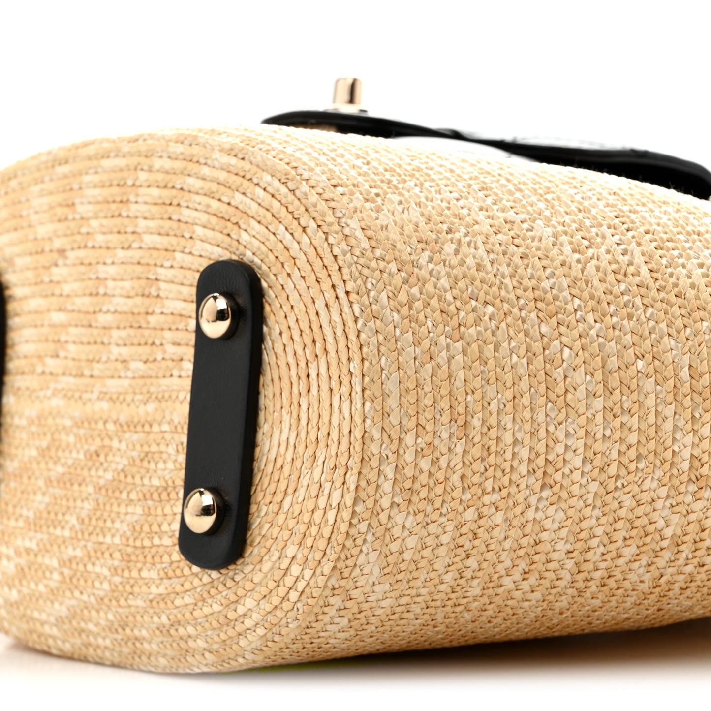 Raffia Braided Lambskin Small Shopping Tote Beige Black
