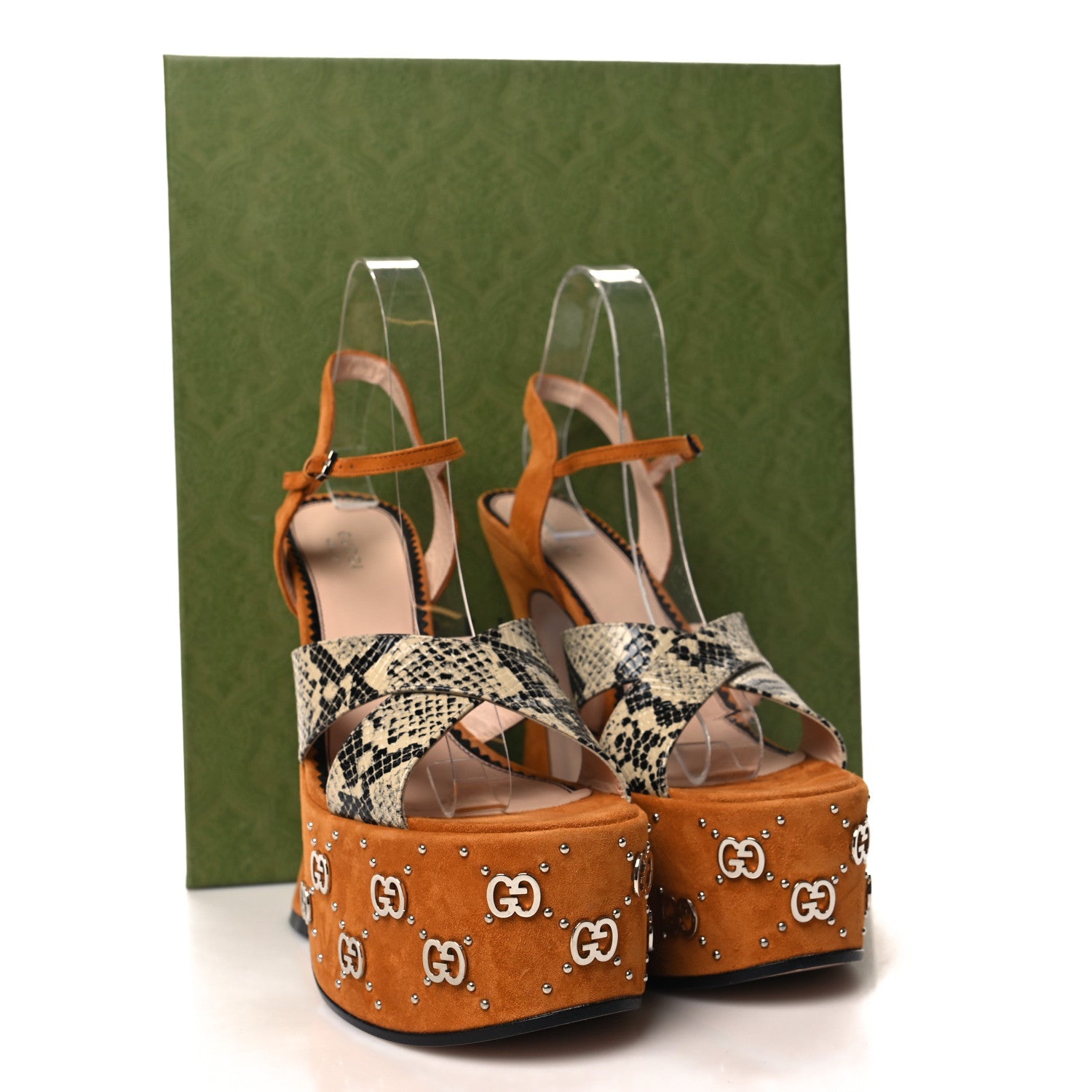 Gucci Malaga Kid Suede Snakeskin Interlocking G Studs 155mm Platform Sandals 39 Beige Cognac 8 of 8