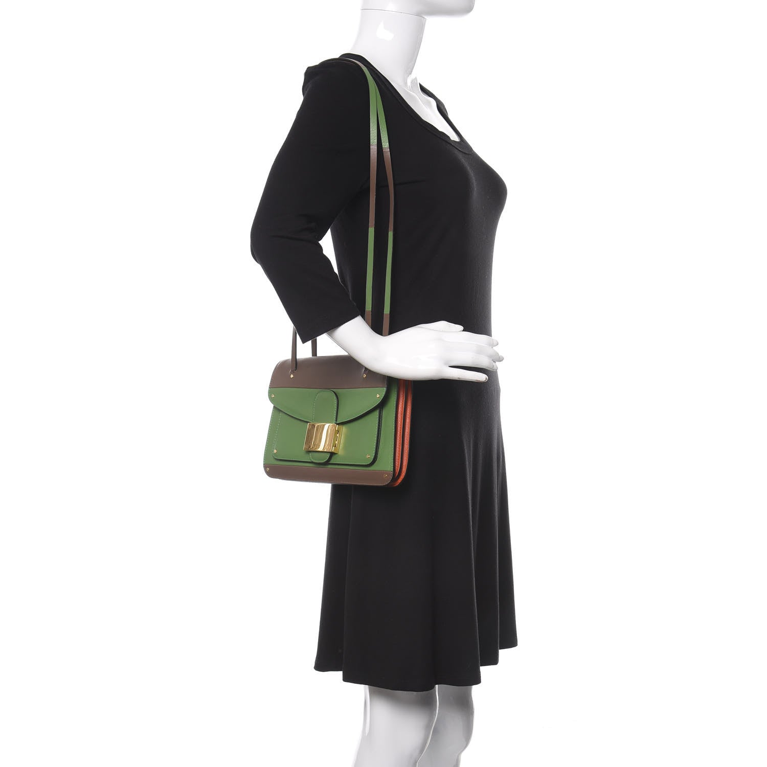 Valentino Garavani Calfskin Rivet Colorblock Double Handle Shoulder Bag Brown Green 2 of 19