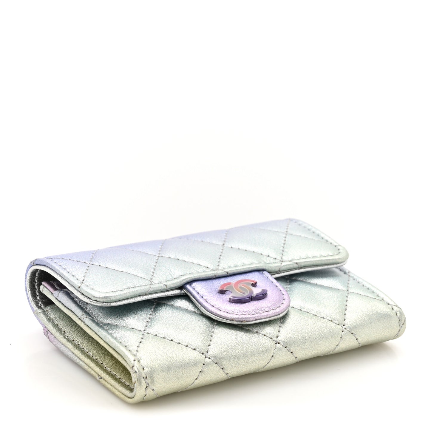 Gradient Metallic Calfskin Quilted Flap Card Holder Wallet Silver Blue Yellow Purple