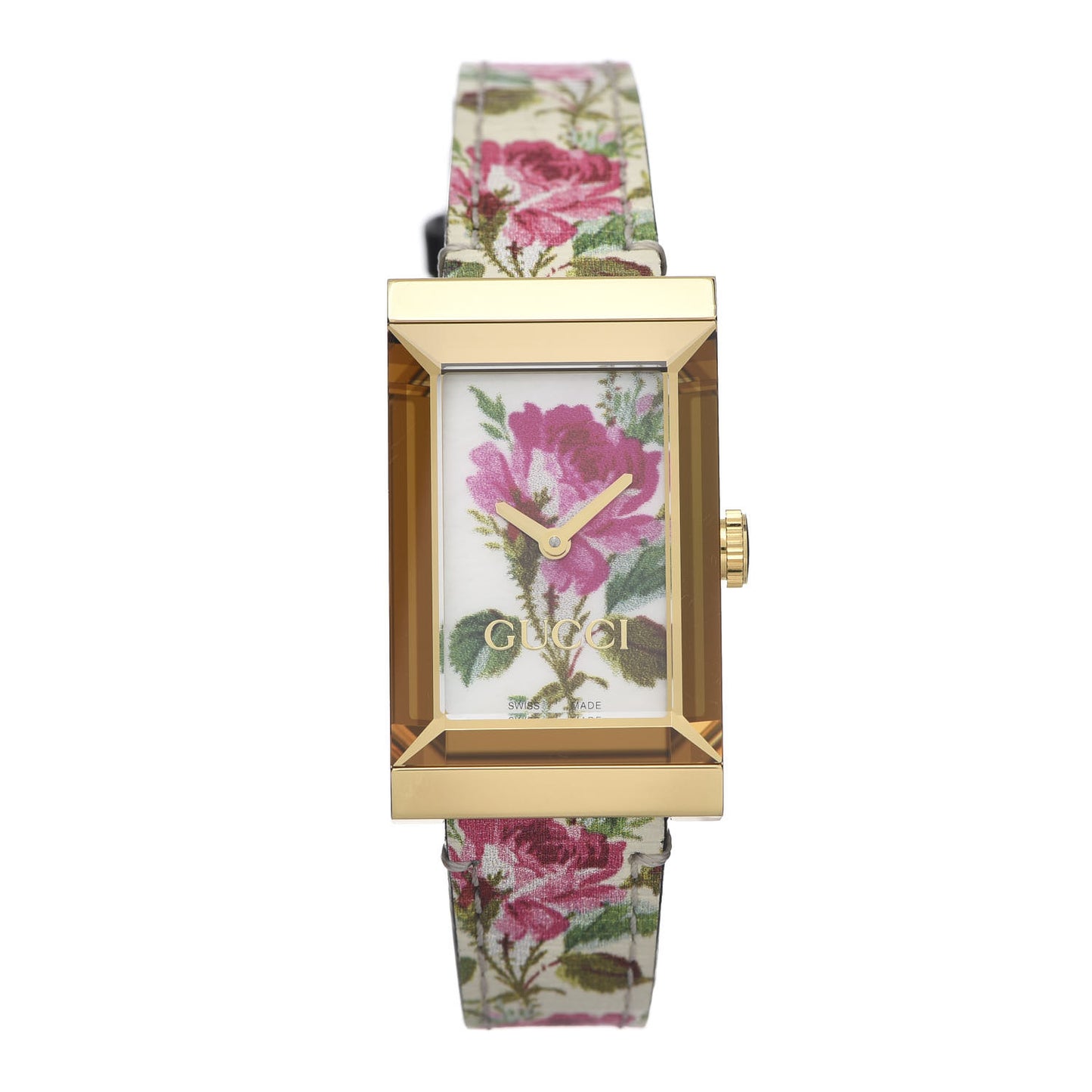 Stainless Steel Calfskin Mother of Pearl 21mm G-Frame Floral Quartz Watch