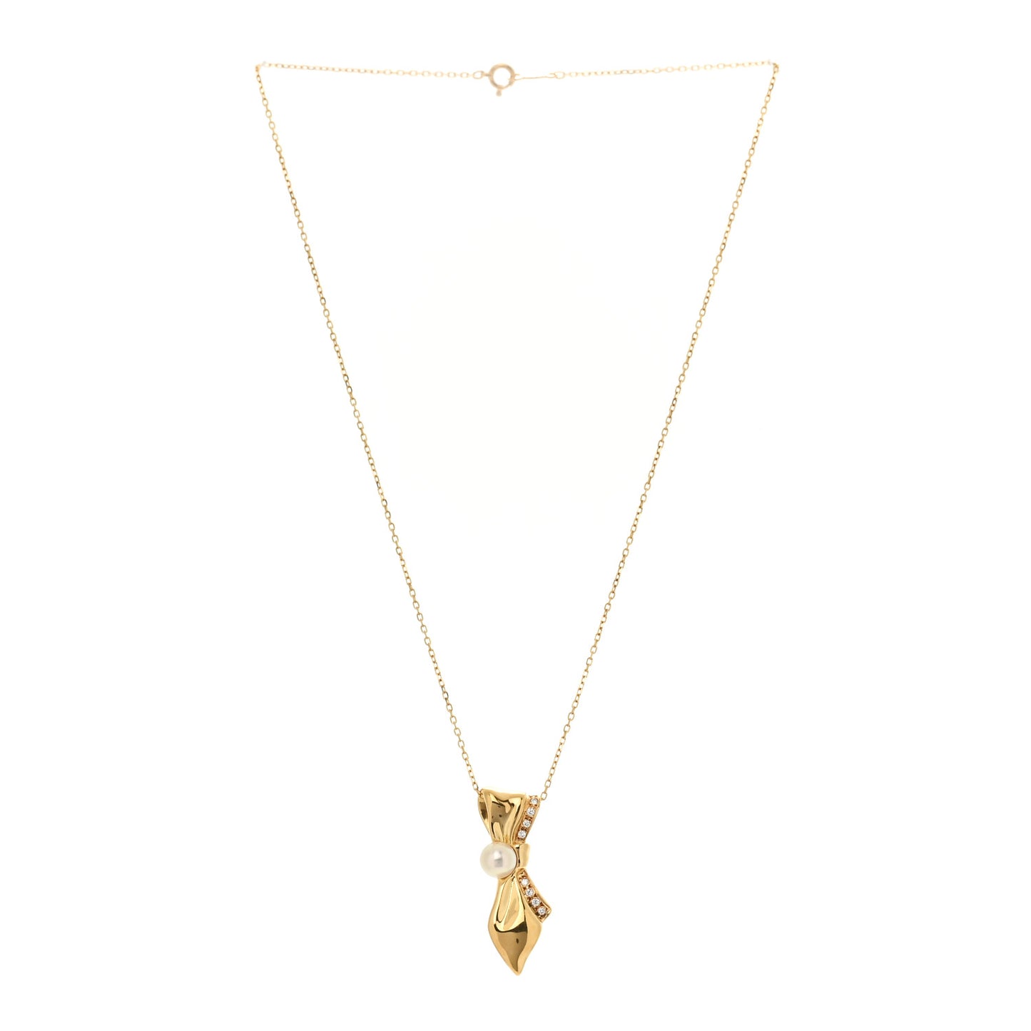 18K Yellow Gold Diamond Akoya Pearl 6mm Bow Drop Pendant Necklace