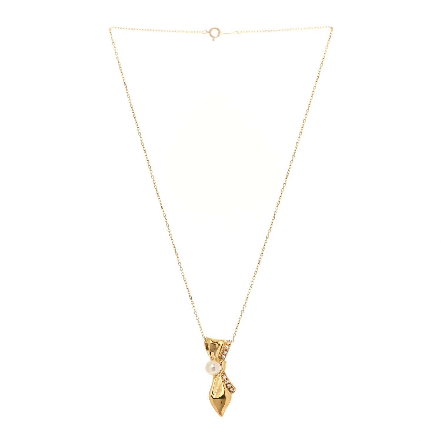 Mikimoto 18K Yellow Gold Diamond Akoya Pearl 6mm Bow Drop Pendant Necklace 3 of 5