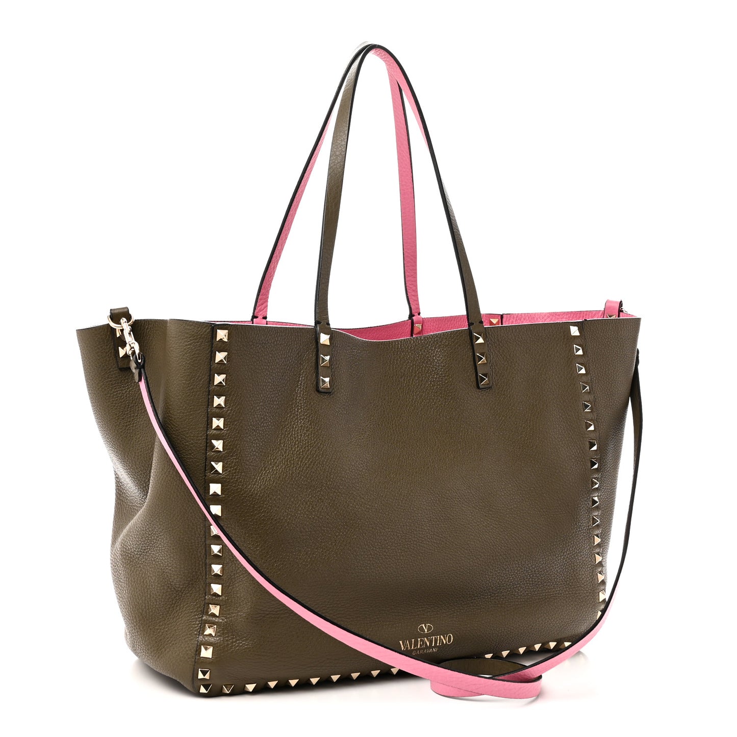 Grained Calfskin Medium Rockstud Reversible Tote Army Green Pink