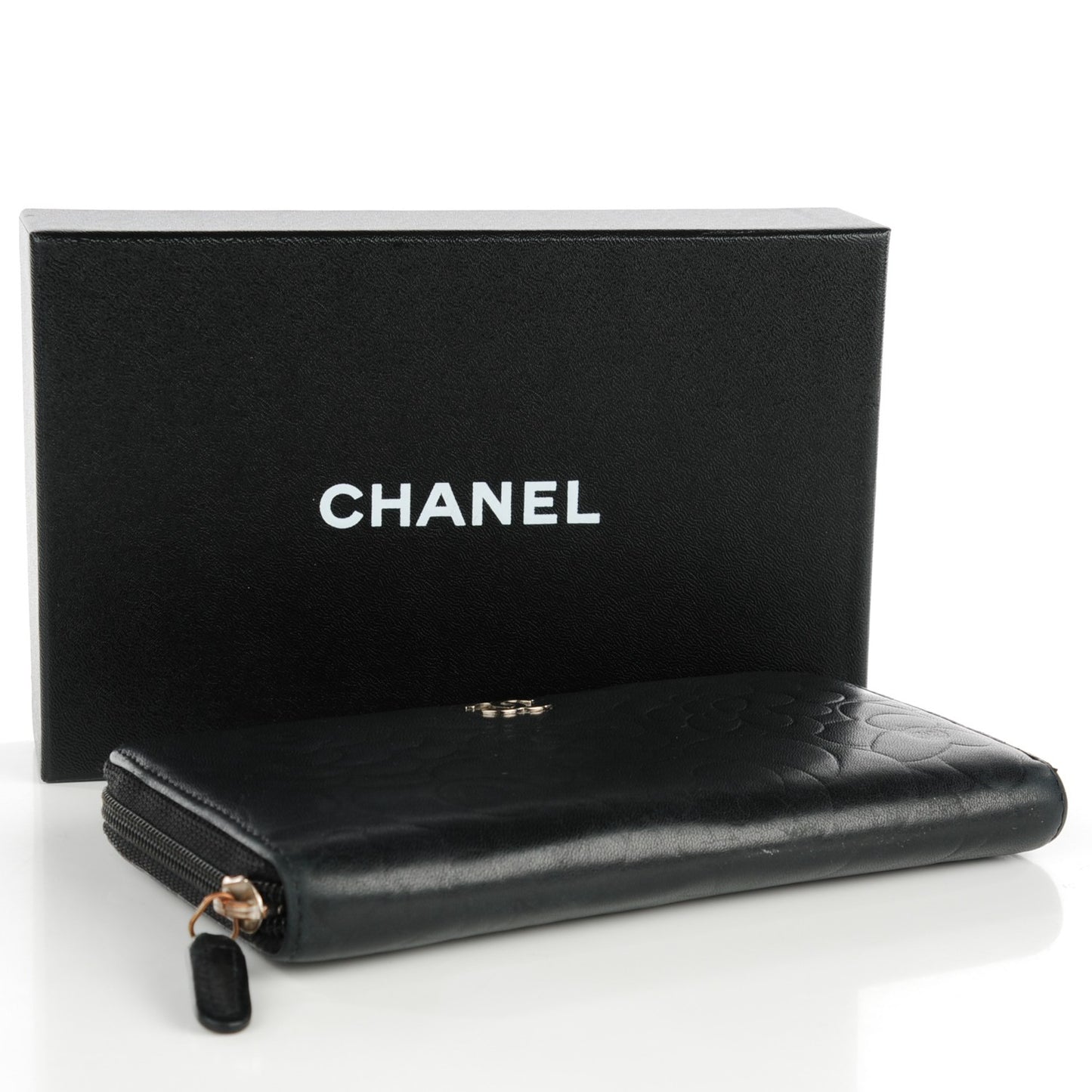 Lambskin Camellia Embossed Large Zip Around Gusset Wallet Black