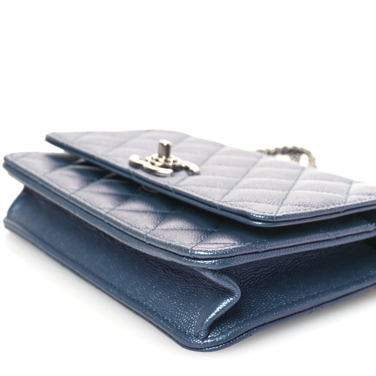 Iridescent Caviar Camellia Quilted Wallet on Chain WOC Dark Blue