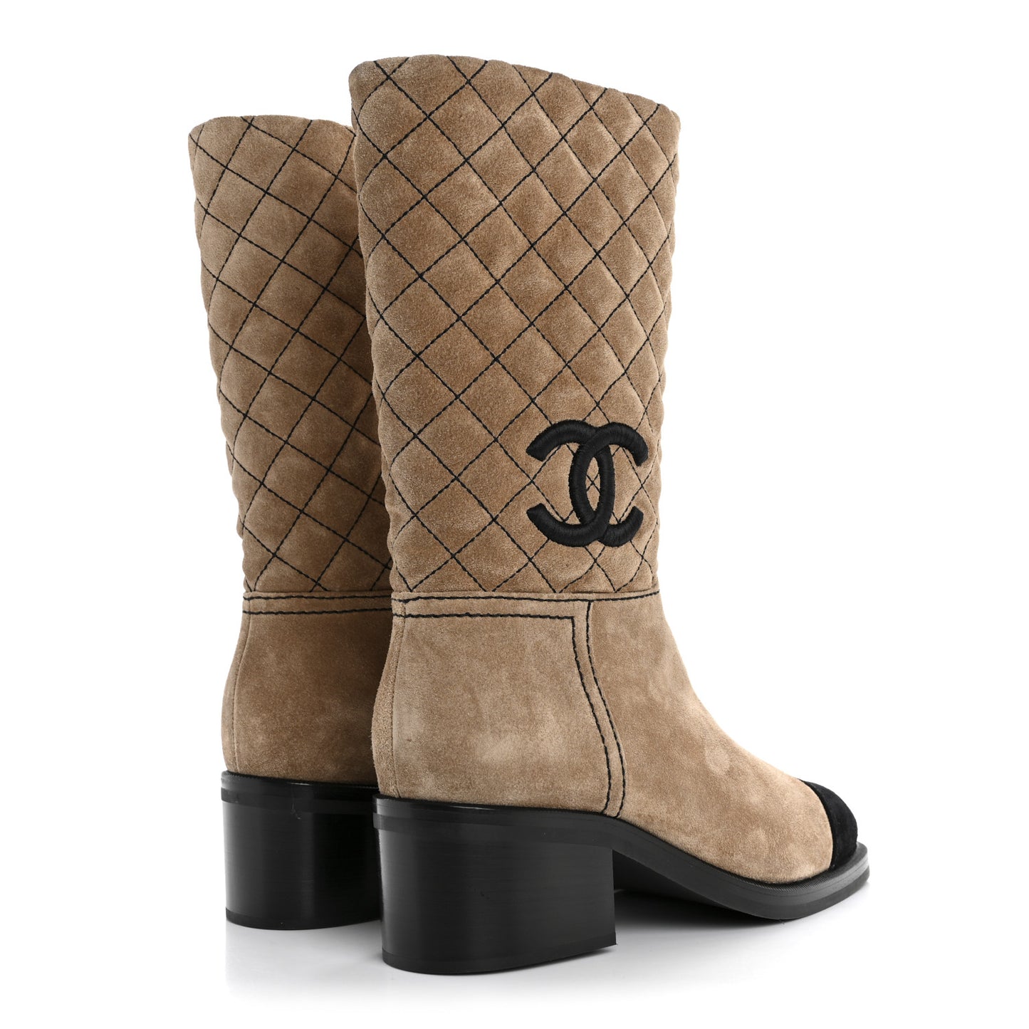 Suede Quilted CC High Boots 38 Dark Beige Black