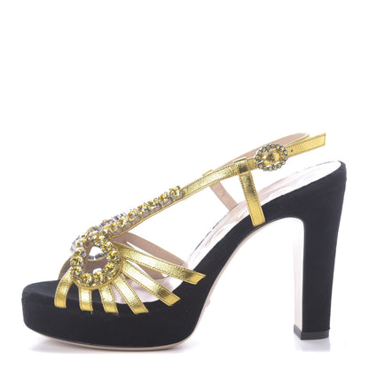 Gucci Velvet Nappa Crystal Zephyra Slingback Platform High Heel Sandals 37 Black Gold 1 of 7