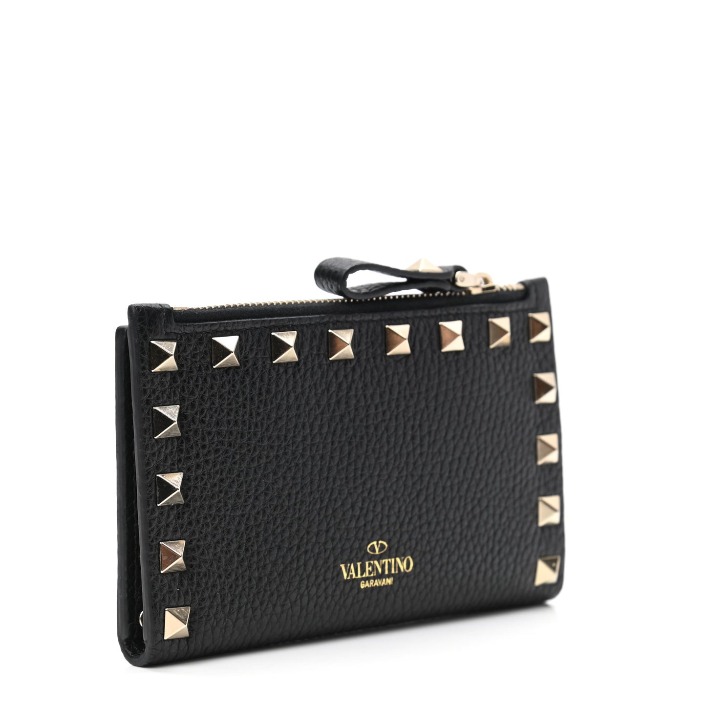 Pebbled Calfskin Rockstud Coin Case Card Holder Black