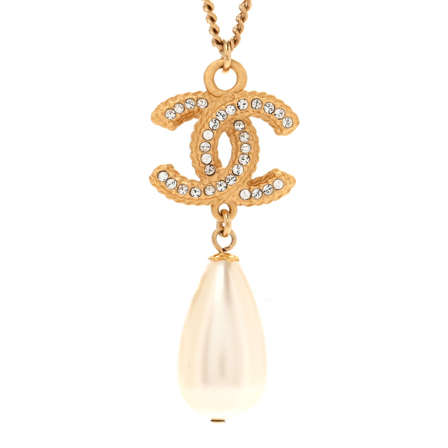 Crystal Pearl CC Drop Necklace Gold