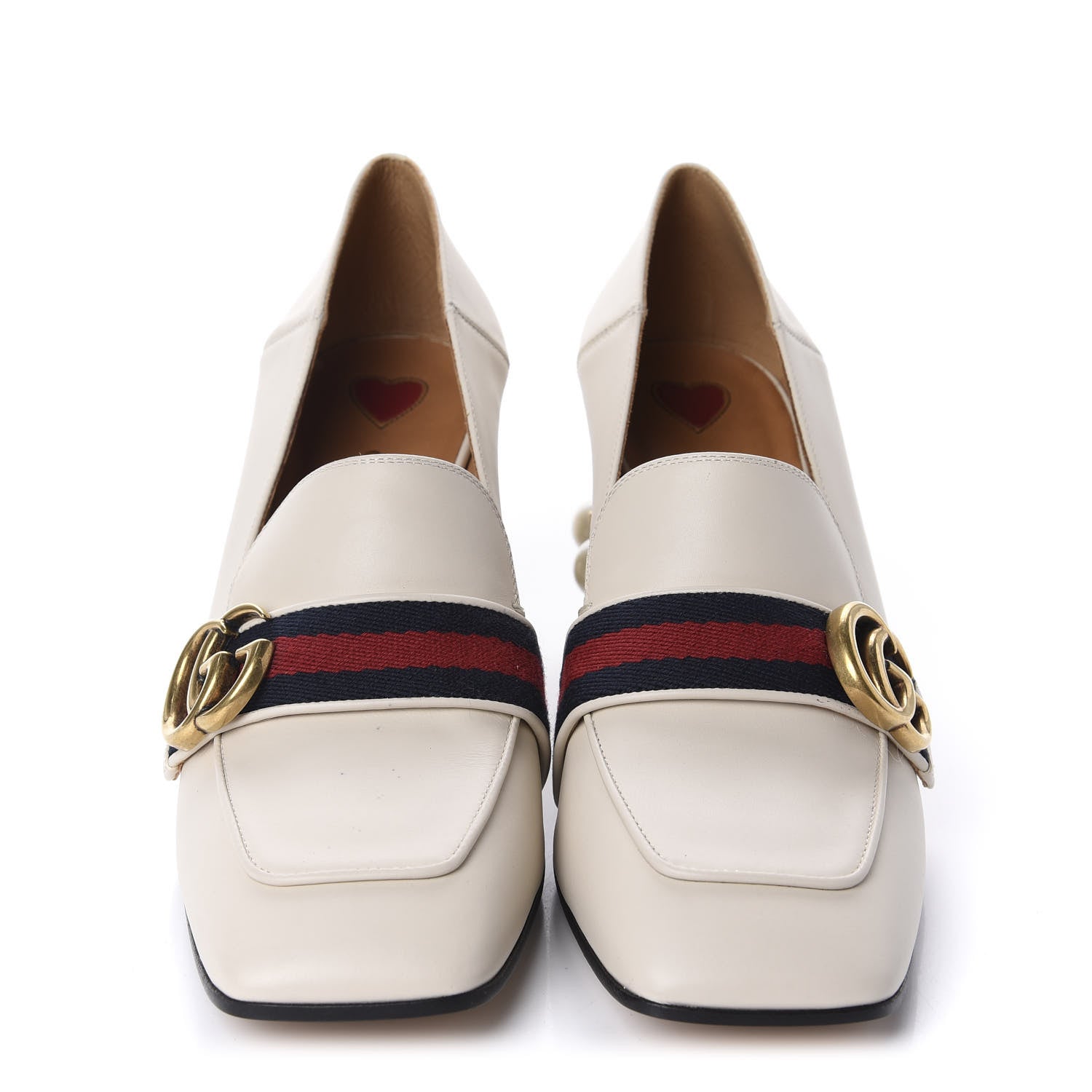 Gucci Betis Glamour Calfskin Web Pearl Embellished Peyton 75mm Loafer Pumps 37.5 Mystic White 2 of 10
