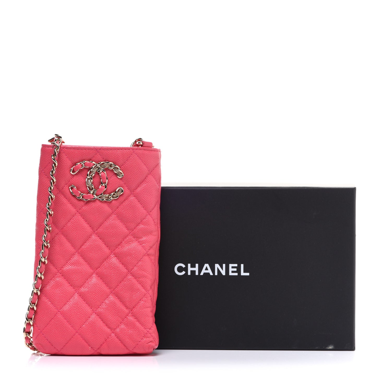 Caviar Quilted French New Wave Phone Holder With Chain Pink