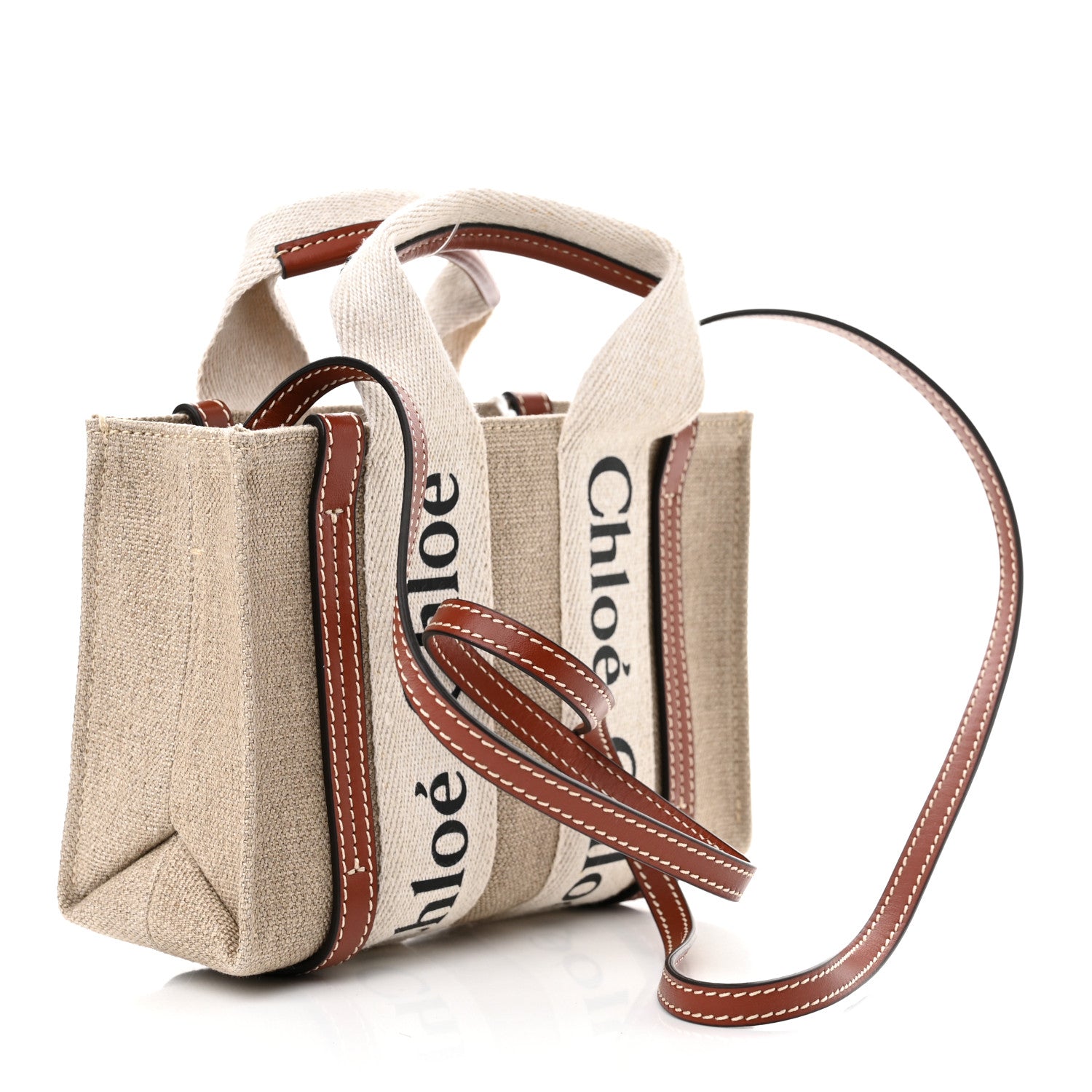 Chloe Cotton Calfskin Mini Woody Ribbon Tote White Brown 2 of 9