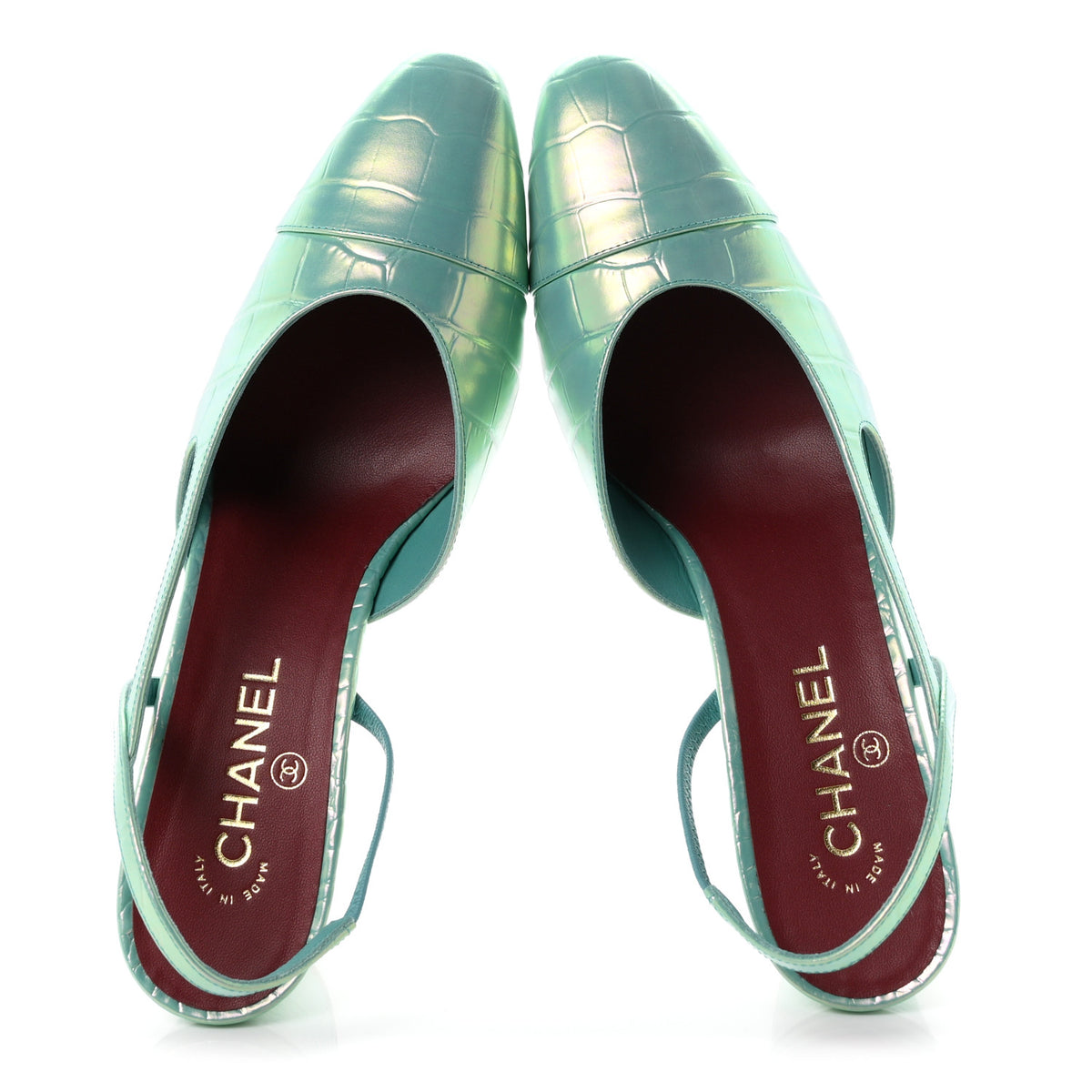Chanel Iridecent Calfskin Crocodile Embossed CC Cap Toe CC Slingback Pumps 41 Green 2 of 10