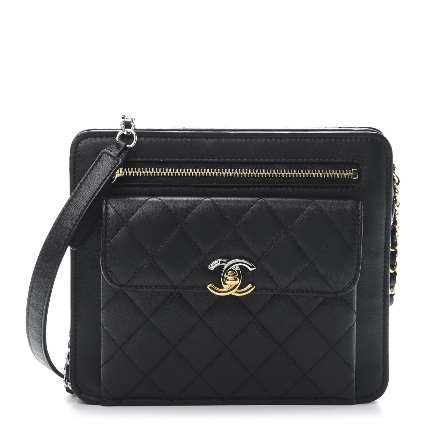 Lambskin Quilted Square Front Pocket Clutch With Chain Black