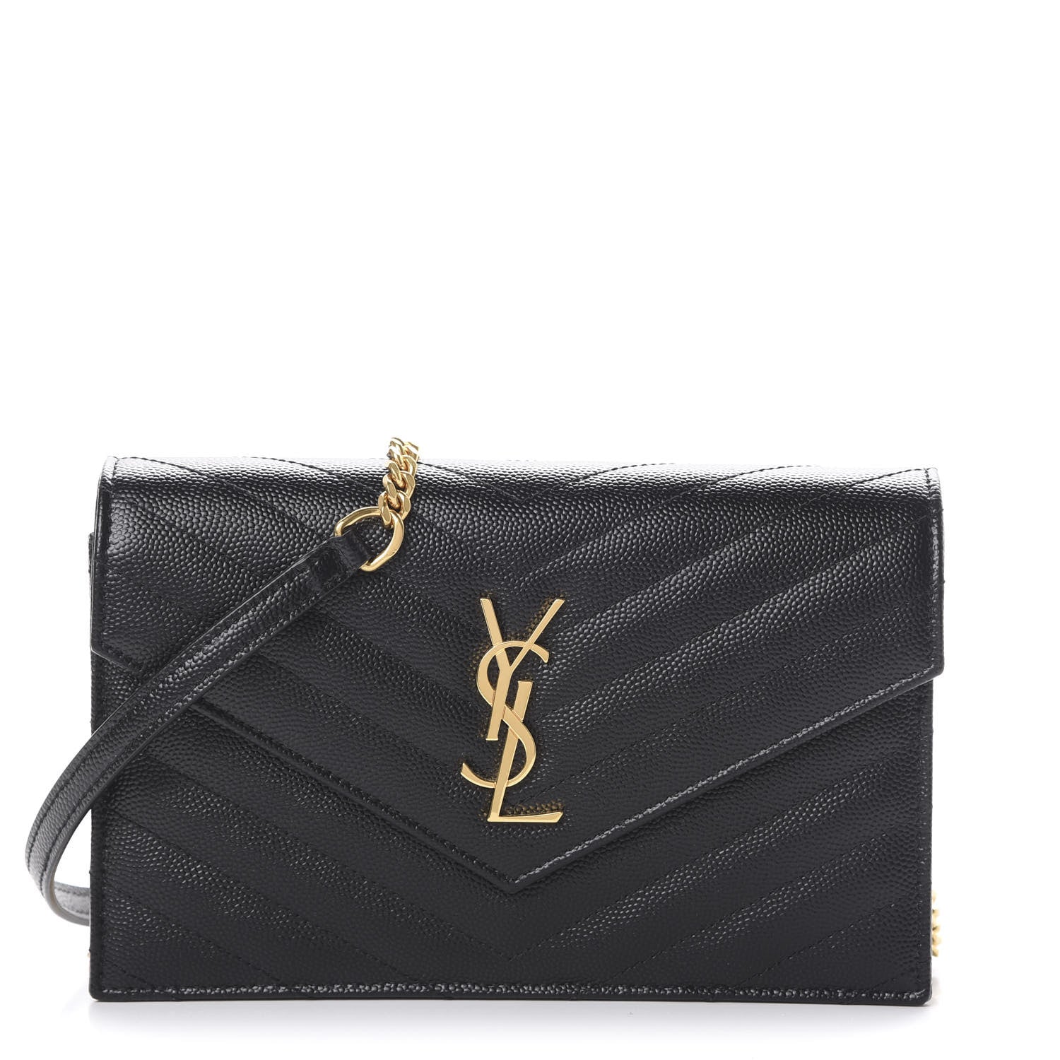 Saint Laurent Grain De Poudre Matelasse Chevron Monogram Envelope Chain Wallet Black 1 of 10