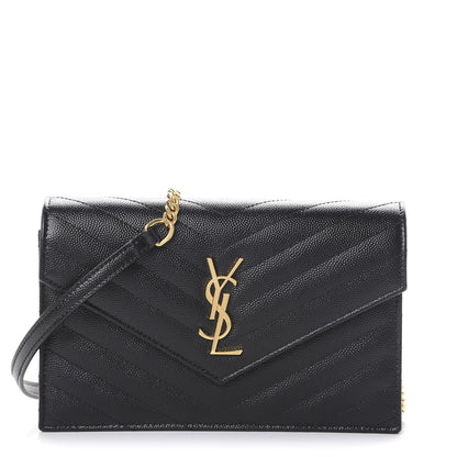 Saint Laurent Grain De Poudre Matelasse Chevron Monogram Envelope Chain Wallet Black 1 of 10