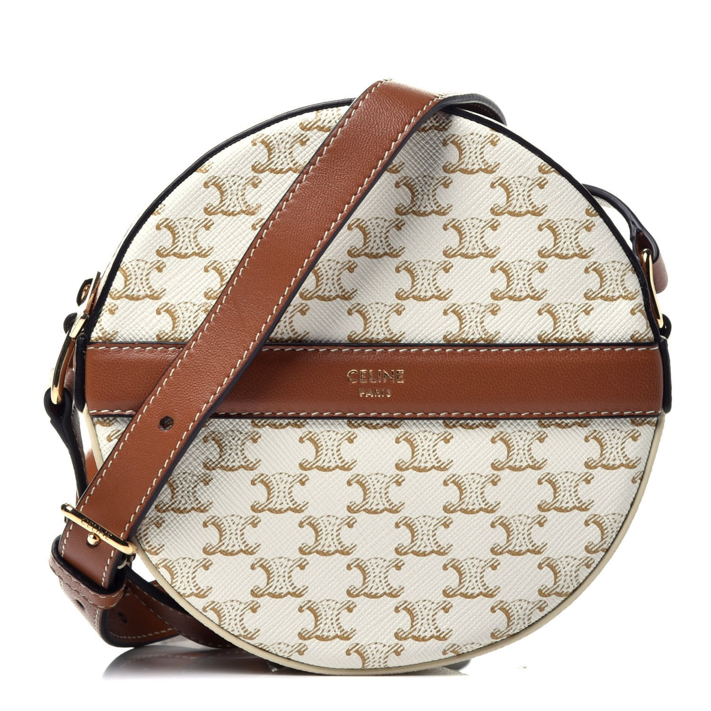 Lambskin Triomphe Canvas Round Purse On Strap White Tan