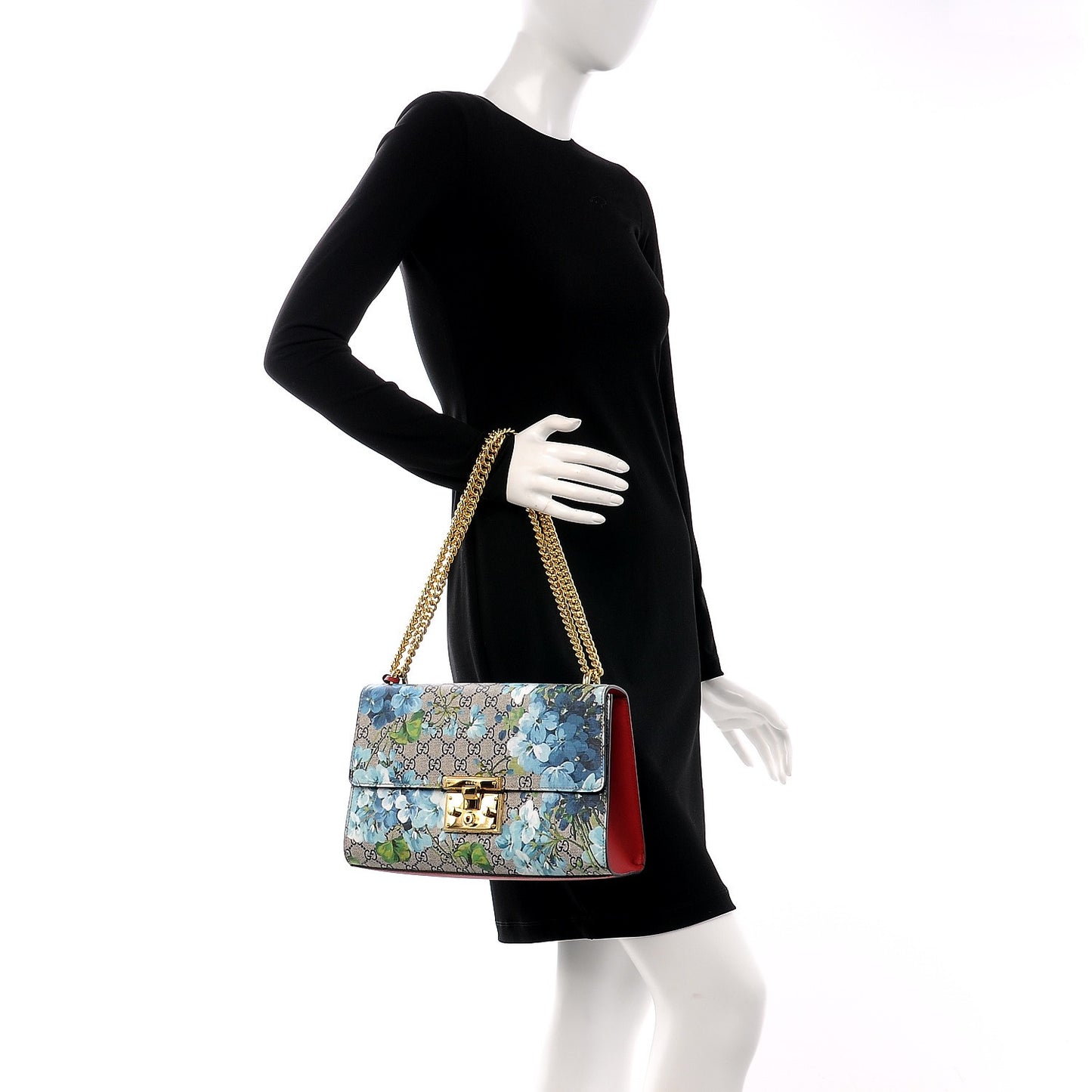 GG Supreme Monogram Blooms Medium Padlock Shoulder Bag Beige Blue Navy Hibiscus Red