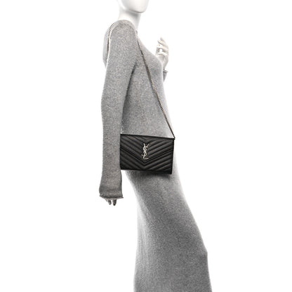 Saint Laurent Grain De Poudre Matelasse Chevron Monogram Chain Wallet Black 2 of 10
