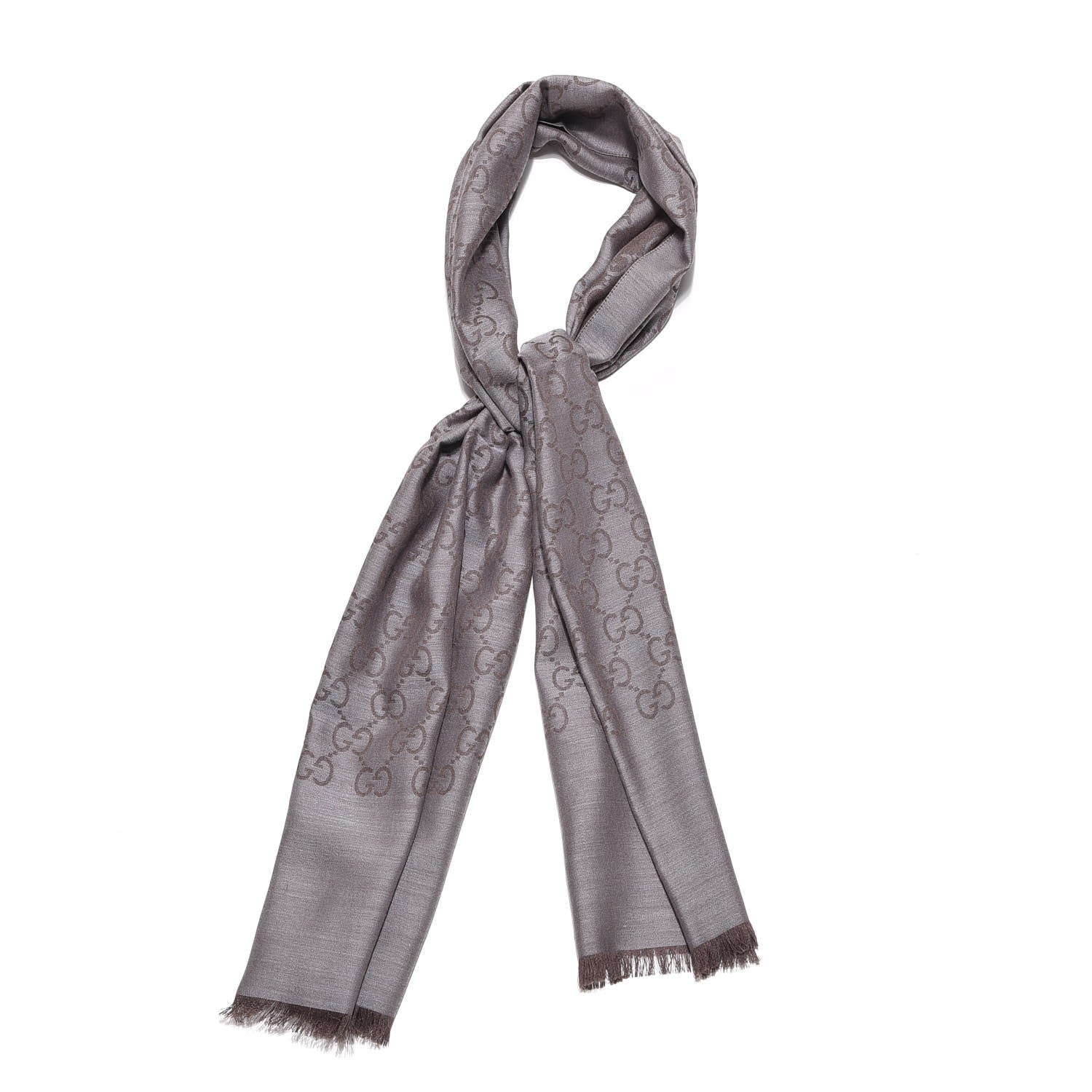 Gucci Wool Silk Monogram Fringe Scarf Graphite 1 of 5