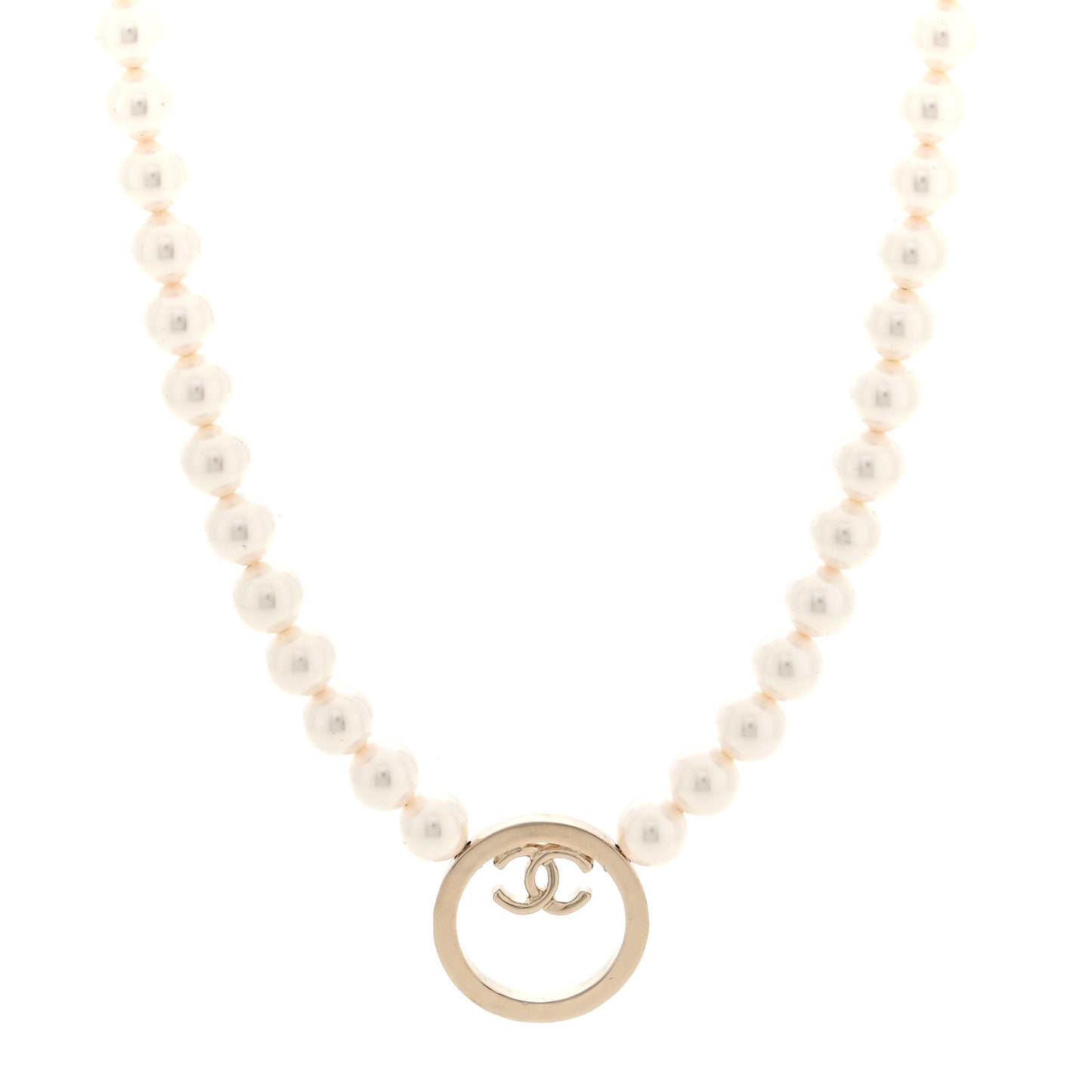 Pearl CC Round Long Necklace Gold White