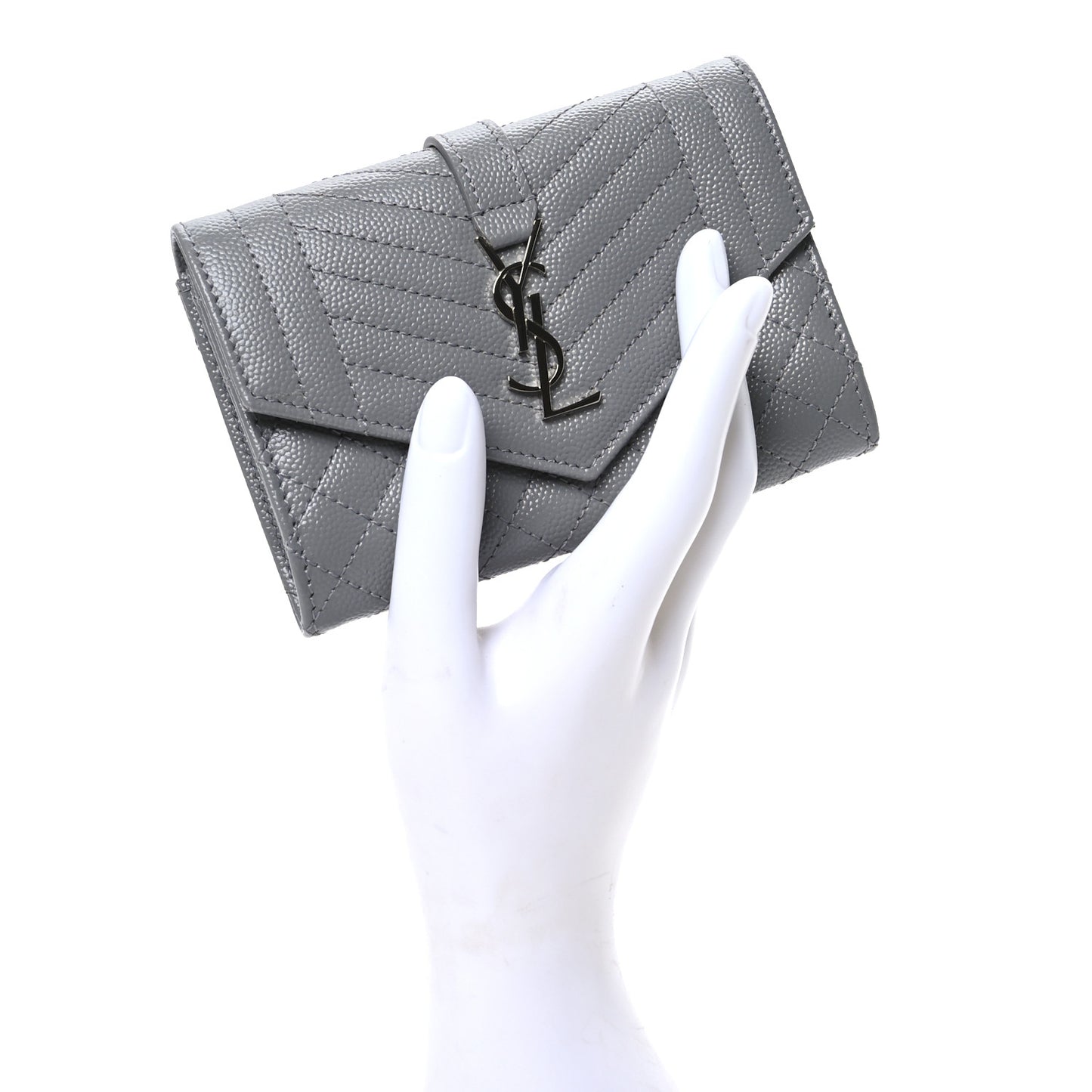 Grain De Poudre Textured Mixed Matelasse Triquilt Small Monogram Envelope Wallet Stone Grey