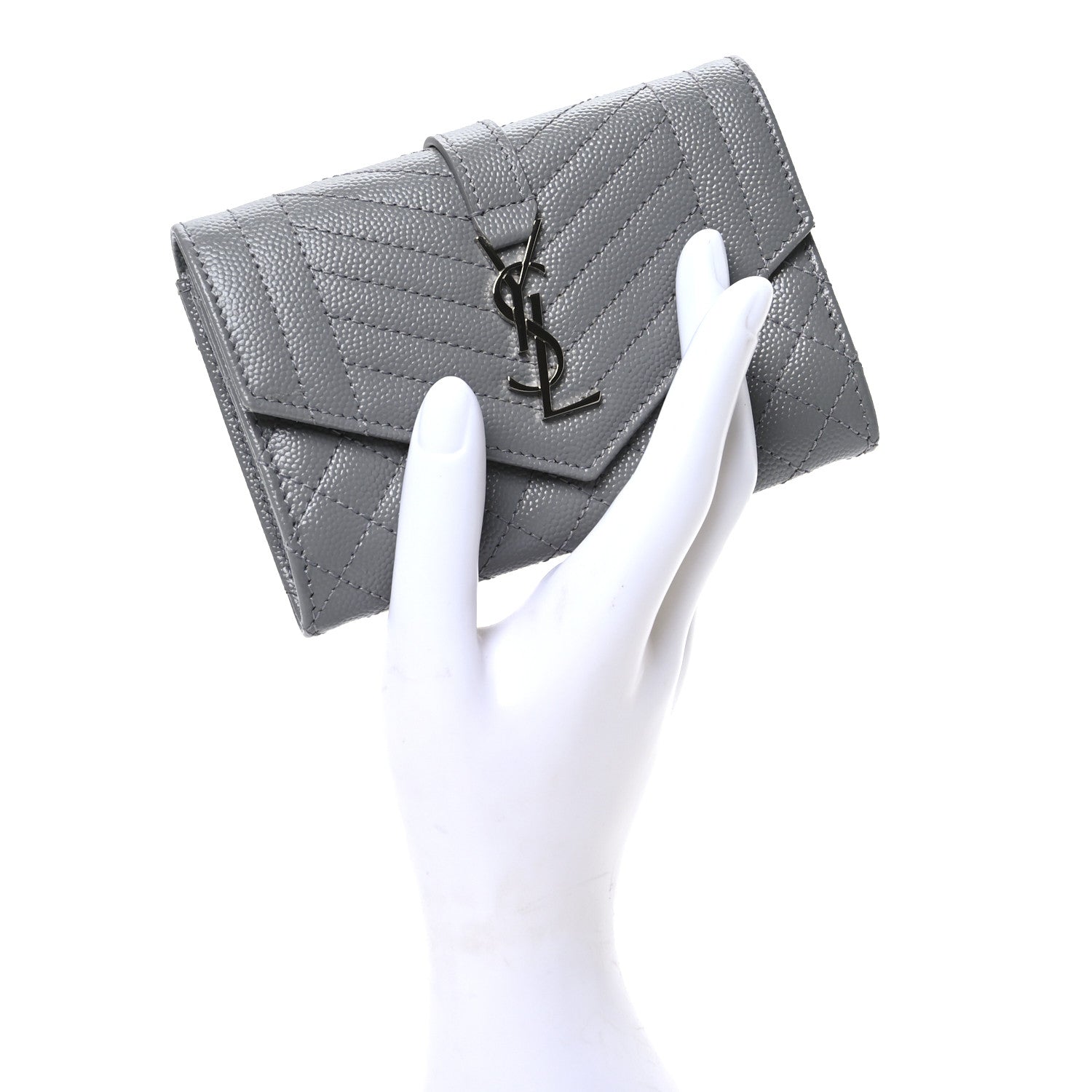 Saint Laurent Grain De Poudre Textured Mixed Matelasse Triquilt Small Monogram Envelope Wallet Stone Grey 2 of 7