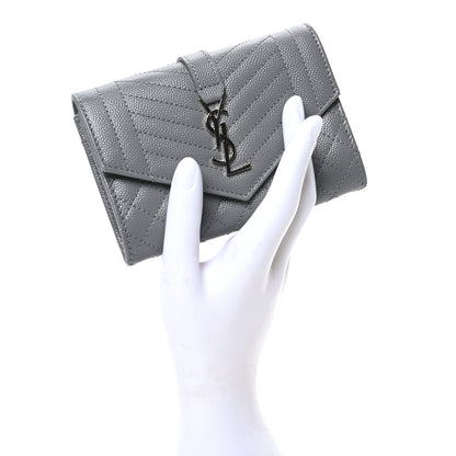 Saint Laurent Grain De Poudre Textured Mixed Matelasse Triquilt Small Monogram Envelope Wallet Stone Grey 2 of 7