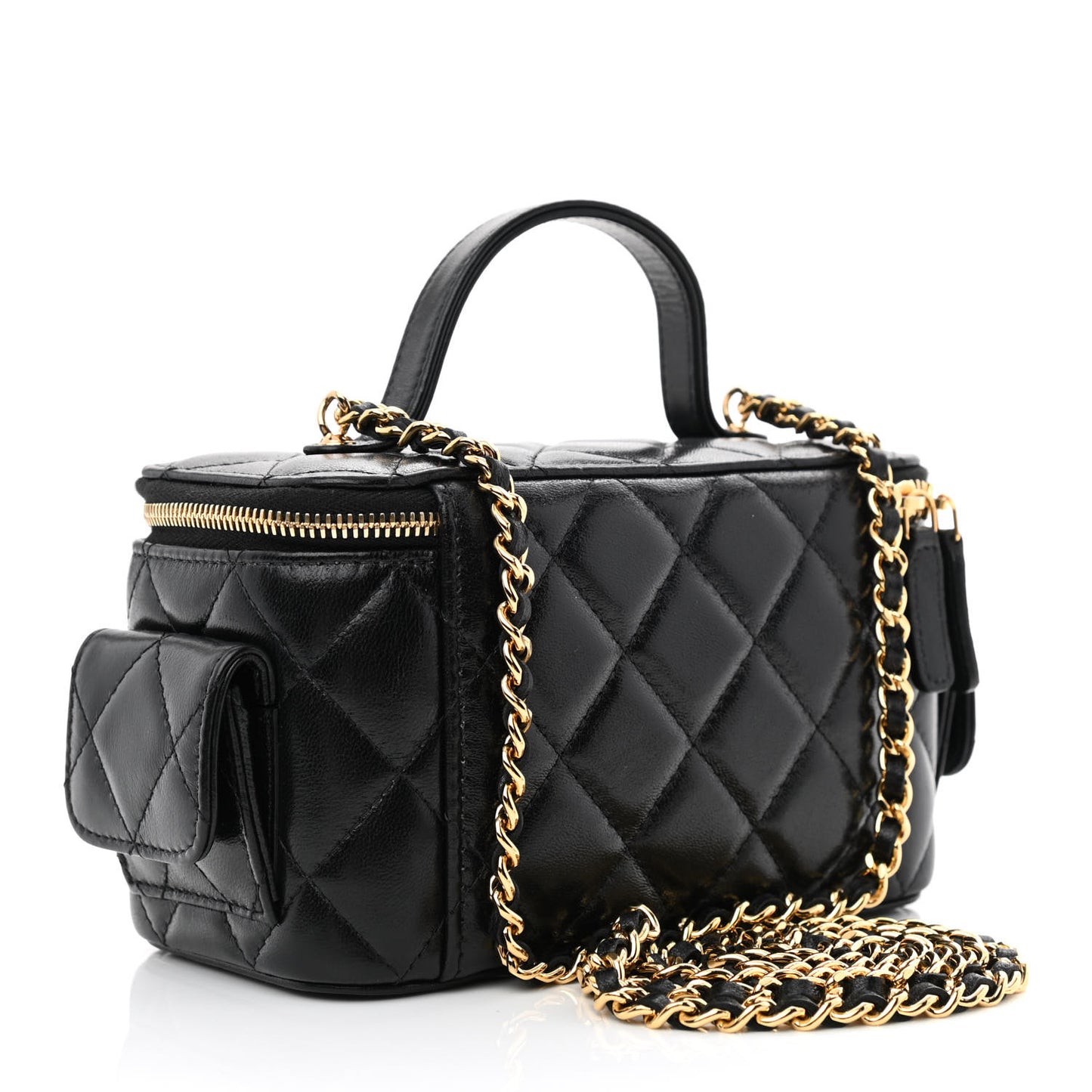 Lambskin Quilted Polly Pocket East West Top Vanity With Chain Black