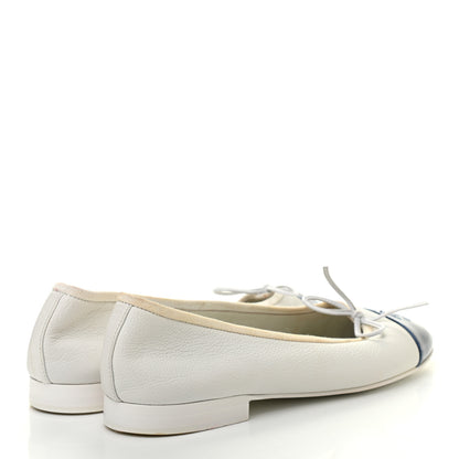 Chanel Calfskin Patent CC Cap Toe Ballerina Flats 37 White Blue 4 of 9