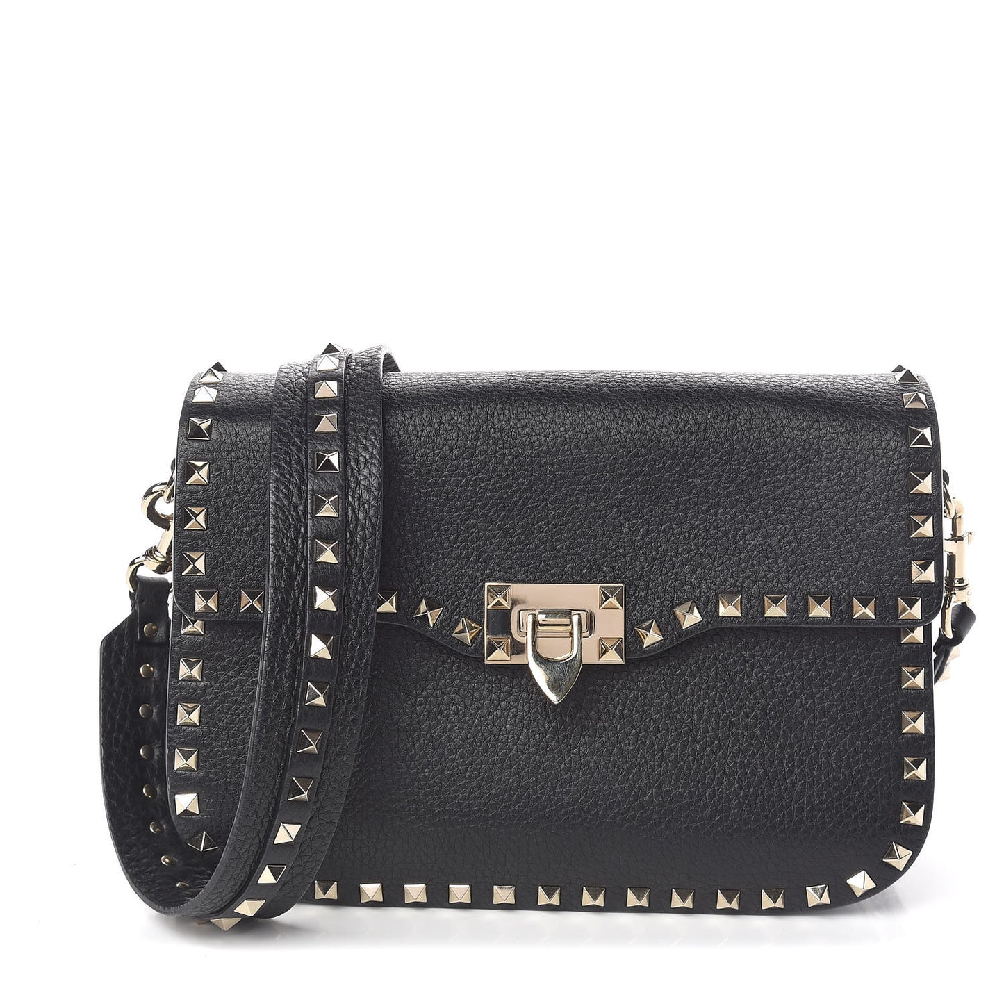 Pebbled Calfskin Medium Rockstud Flap Saddle Bag Black