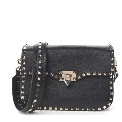 Valentino Garavani Pebbled Calfskin Medium Rockstud Flap Saddle Bag Black 1 of 14