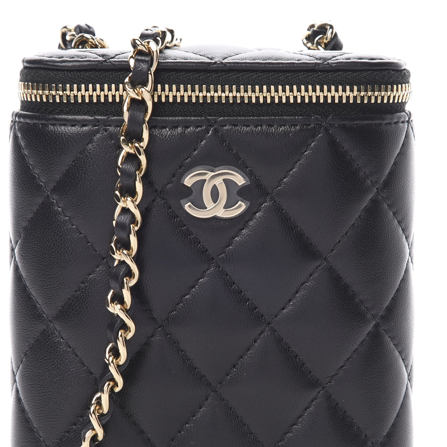 Lambskin Quilted Small Vertical Coco Beauty Vanity Case With Chain Black