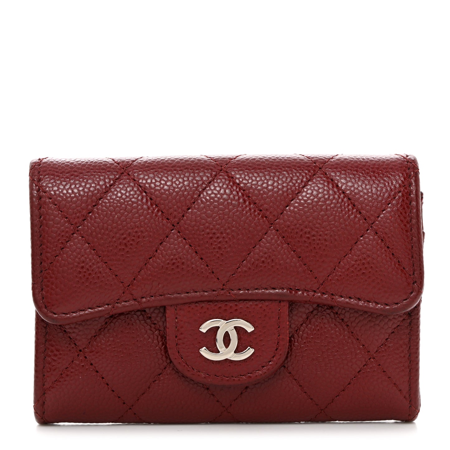 Iridescent Caviar Quilted Flap Card Holder Wallet Burgundy