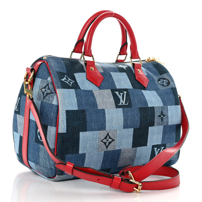 Louis Vuitton Denim Damier Monogram Patchwork Speedy Bandouliere 30 Blue Rouge 3 of 13