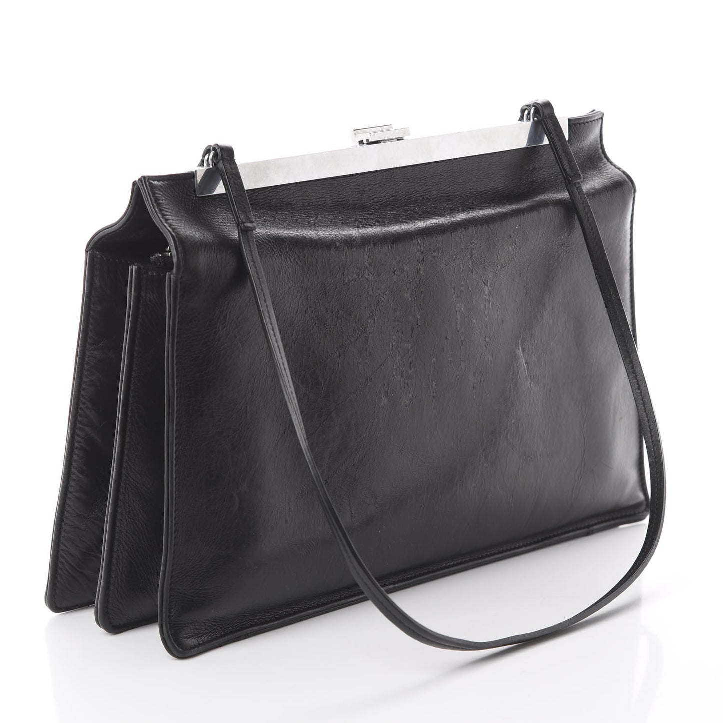 Shiny Paperweight Calfskin Medium Clasp Shoulder Bag Black
