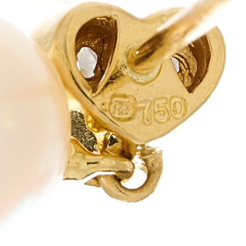 18K Yellow Gold Diamond Akoya Pearl Heart 7.5mm Drop Earrings