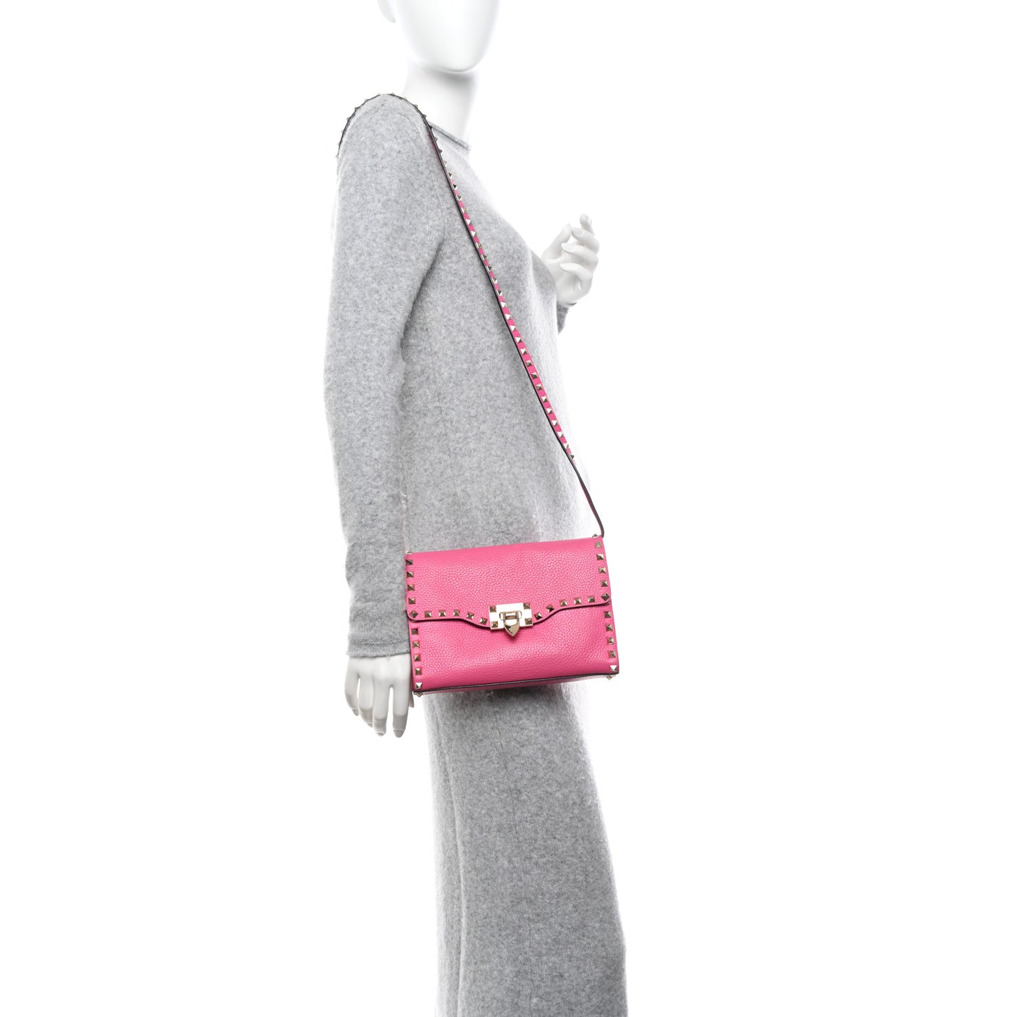 Pebbled Calfskin Medium Rockstud Flip Lock Crossbody Bag Pink Orchid