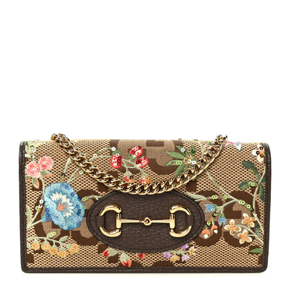 Gucci Monogram Jumbo GG Textured Dollar Calfskin Embroidered Horsebit 1955 Wallet On Chain Camel Ebony New Acero Multicolor 1 of 10